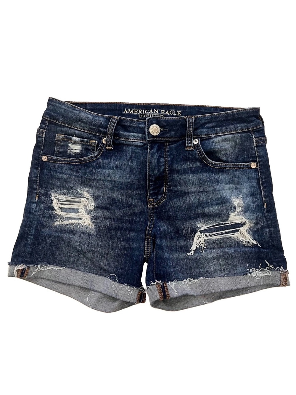 American Eagle Women’s Mid Rise Distressed Midi Jean Shorts Sz 10